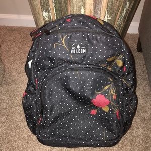 Volcom Black Backpack Roses and Polka Dots